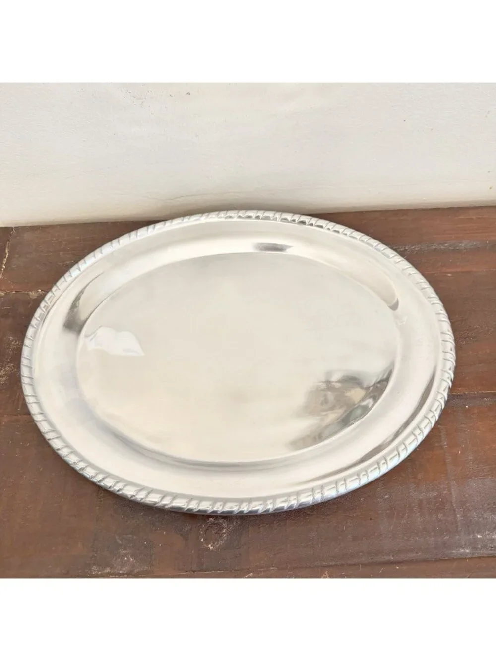 Pier 1 Imports Silver Tone Oval Serving Platter 16x12 Rope Edge Coastal Regency